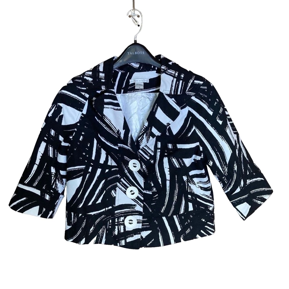 Peter Nygard Womens Black White Abstract Brushstroke Cropped Blazer Jacket 12